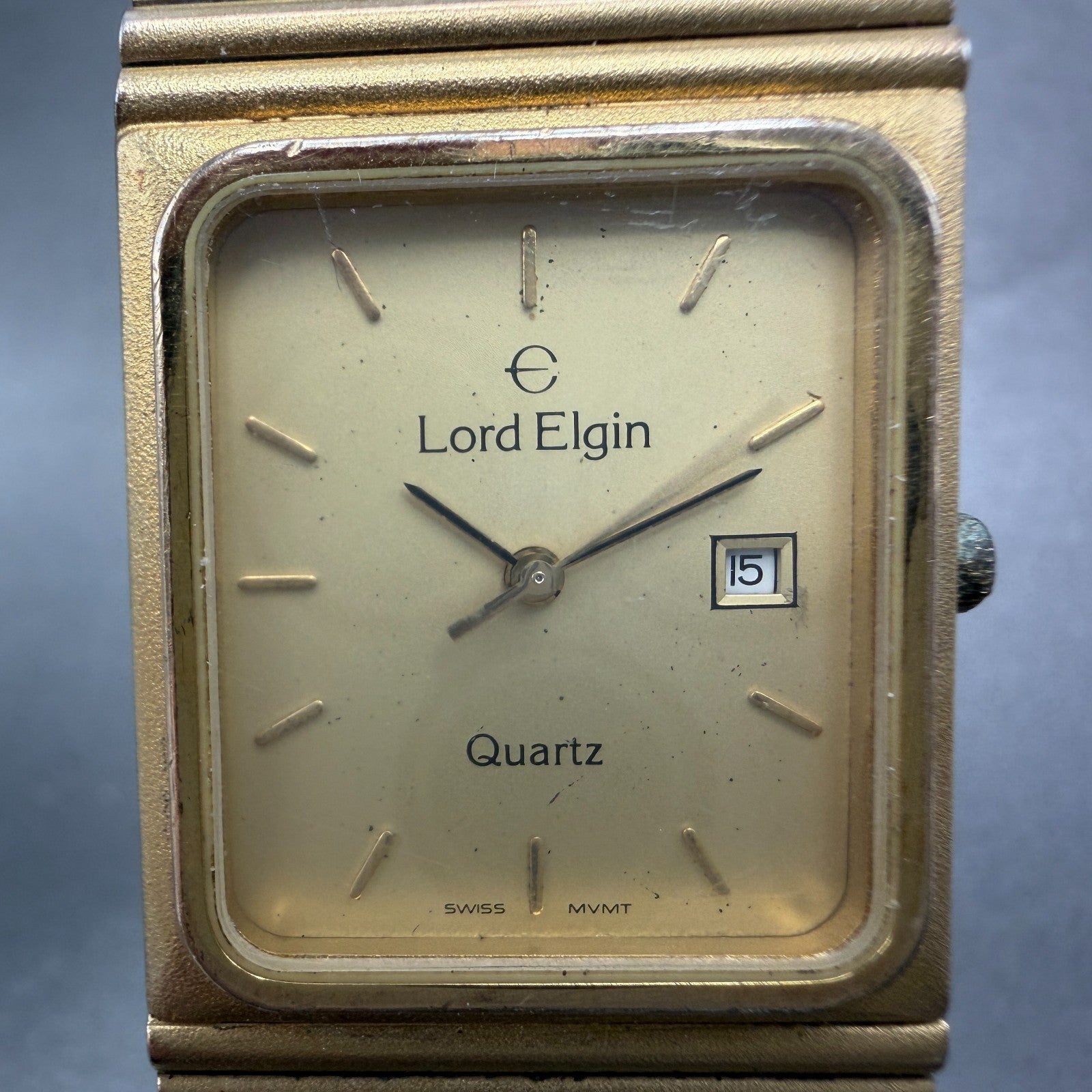 Lord Elgin Tank Watch Men 25mm Champagne Dial Gold Tone Date Rectangle New Batt1