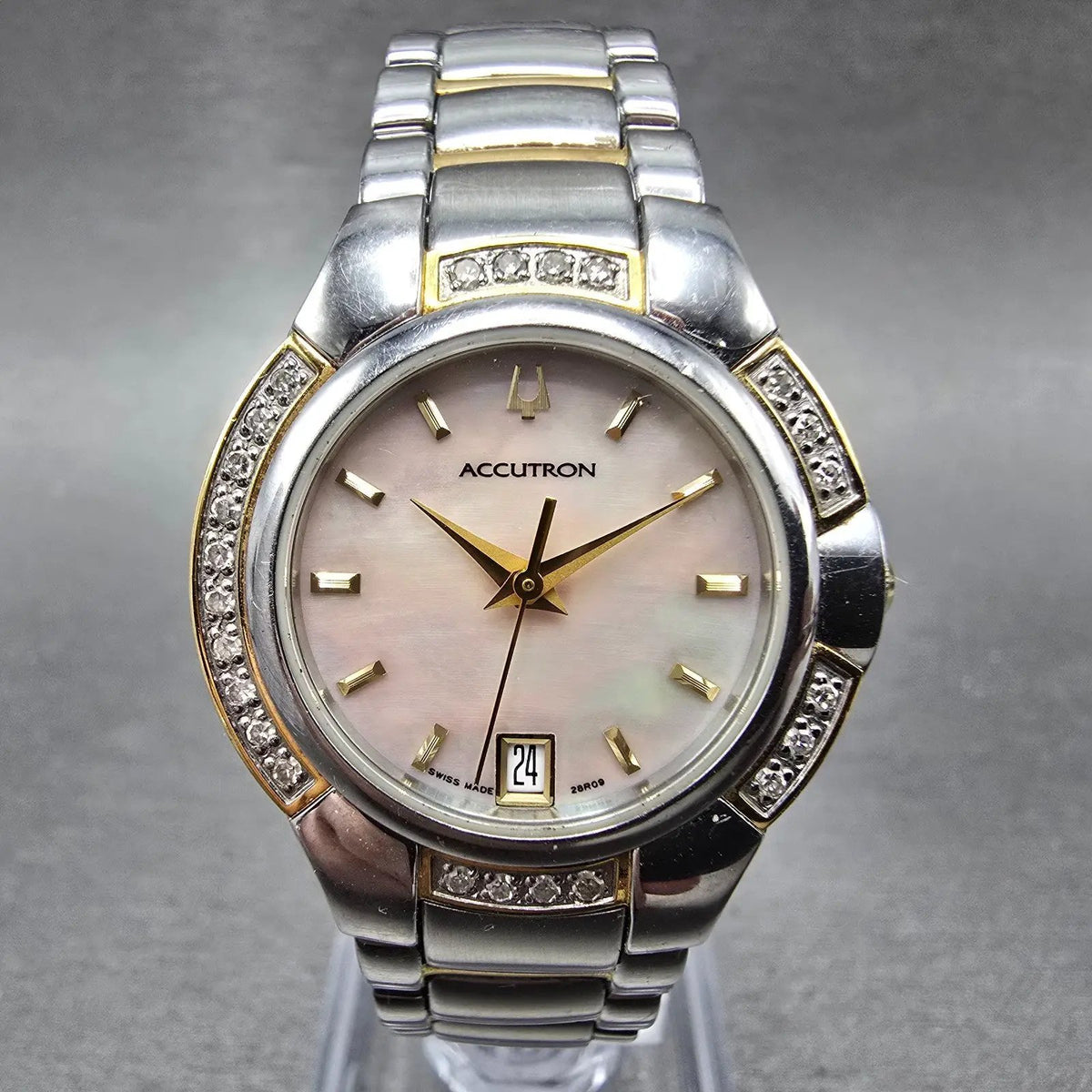 Bulova Accutron Watch Women 28mm MOP Dial Two Tone Date Diamonds New Batt 28R090