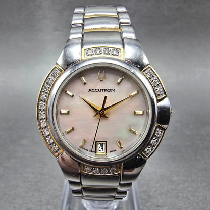 Bulova Accutron Watch Women 28mm MOP Dial Two Tone Date Diamonds New Batt 28R090