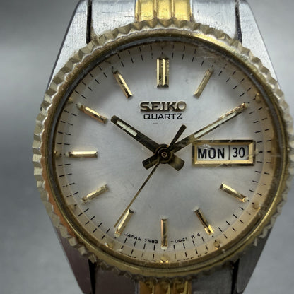 Seiko Watch Women 24mm White Dial Two Tone Daydate Round 7N83-0049 New Batt AY541