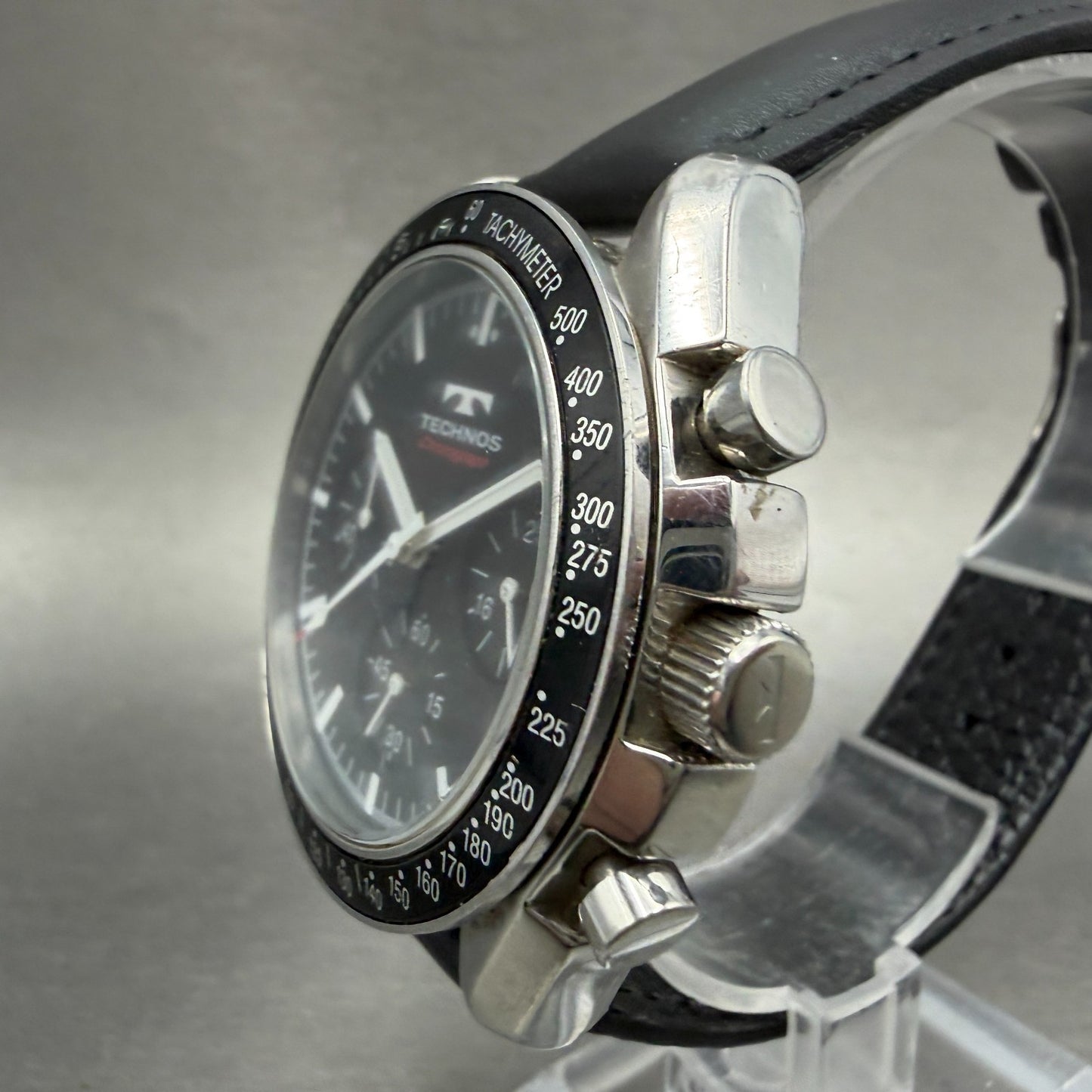 Technos Chronograph Watch Men 42mm Black Dial Silver Tone Round T4062 New Batt A2