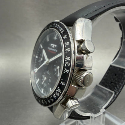 Technos Chronograph Watch Men 42mm Black Dial Silver Tone Round T4062 New Batt A2