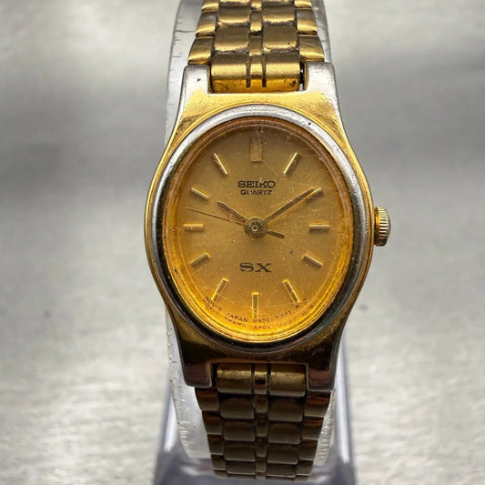 Seiko SX Watch Women 17mm Gold Dial Two Tone Oval V401-5101 New Battery Vintage0
