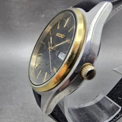 Seiko Solar Watch Men 37mm Gray Dial Two Tone Daydate Round V158-0AA0 Runs CIKL2