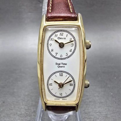 Orvis Dual Time Watch Women 19mm White Dial Gold Tone Rectangle New Battery0