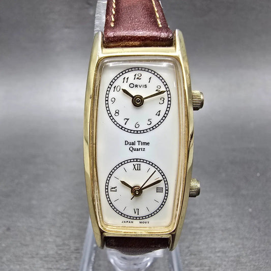 Orvis Dual Time Watch Women 19mm White Dial Gold Tone Rectangle New Battery0
