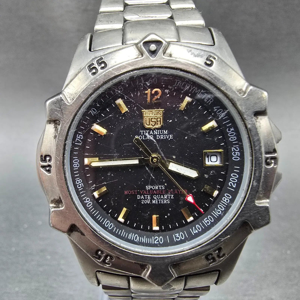Elgin Solar Watch Men 37mm Black Dial Titanium Date Round FK-1128 NO CROWN PARTS0