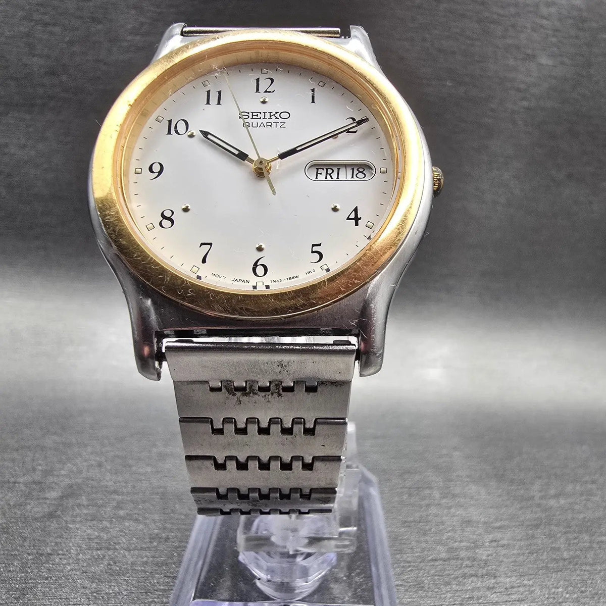 Seiko Watch Men 36mm White Dial Two Tone Daydate Round 7N43-7B19 New Battery JT5