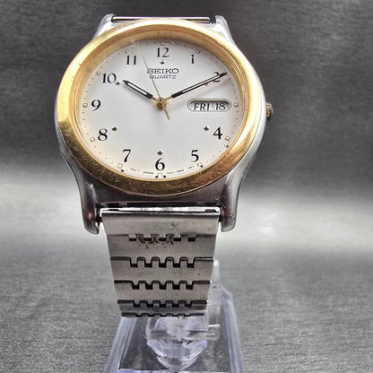 Seiko Watch Men 36mm White Dial Two Tone Daydate Round 7N43-7B19 New Battery JT5
