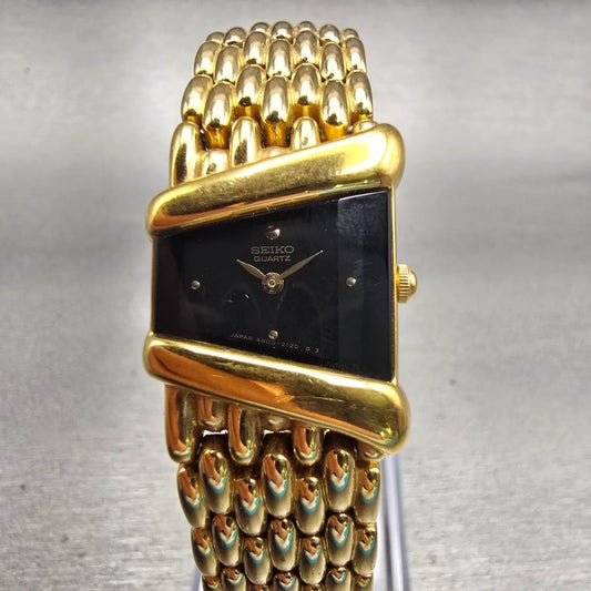 Seiko Watch Women 19mm Black Dial Gold Tone Asymmetrical 4N00-5749 New Battery0