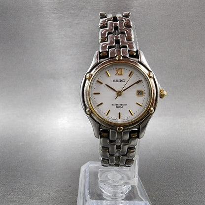Seiko Watch Women 26mm White Dial Two Tone Date Round 7n820599 New Battery5