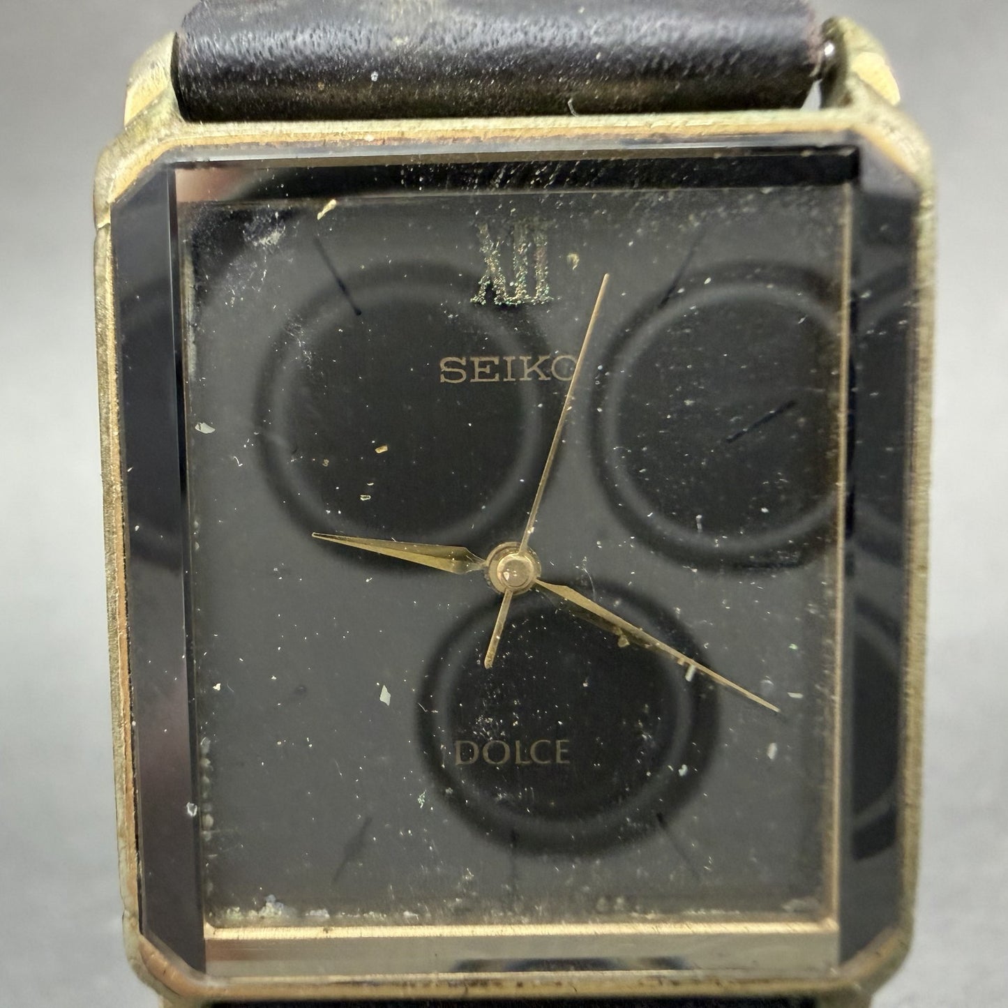 Seiko Dolce Tank Watch Men 26mm Black Dial Gold Tone Rectangle 5E31-5B90 PARTS2