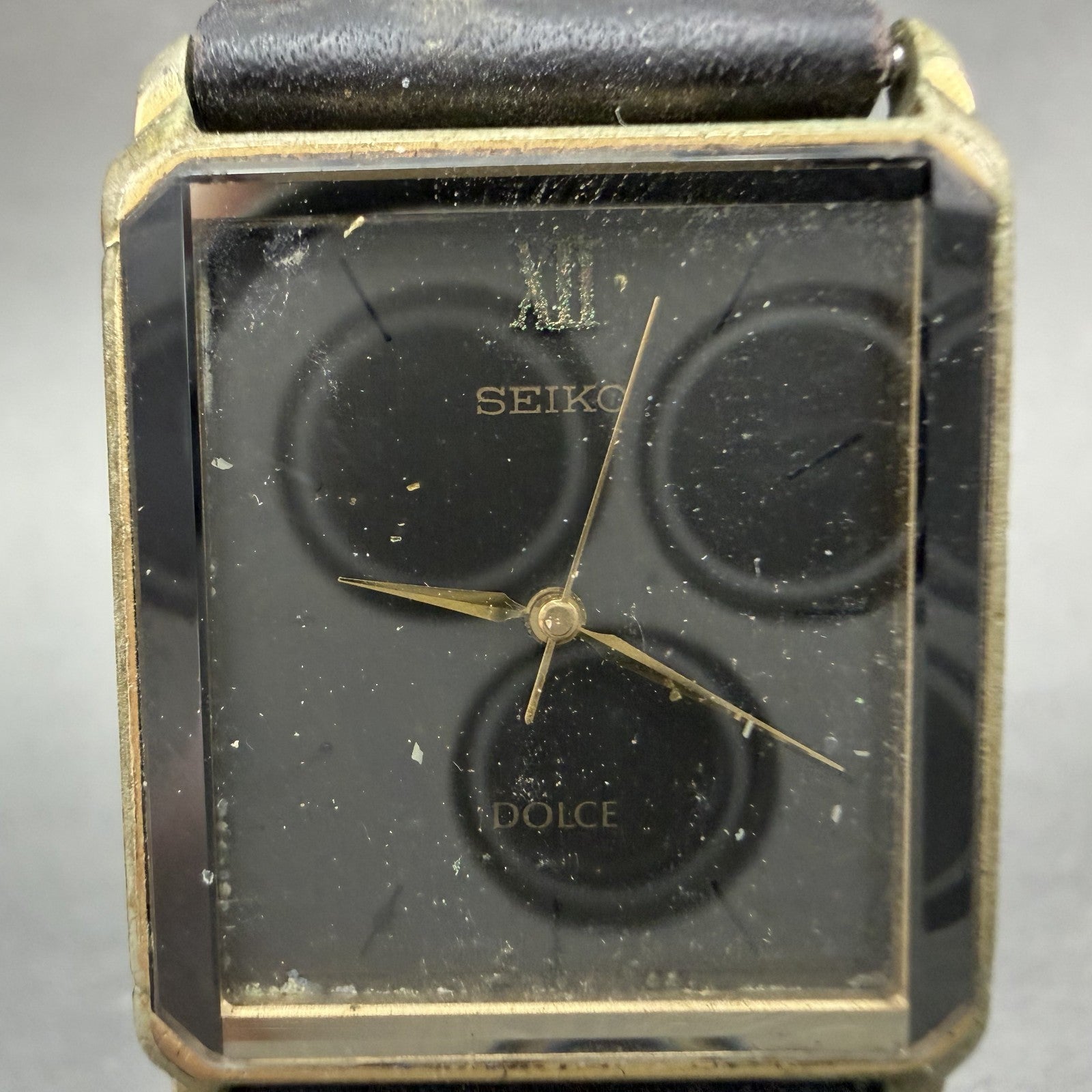 Seiko Dolce Tank Watch Men 26mm Black Dial Gold Tone Rectangle 5E31-5B90 PARTS2