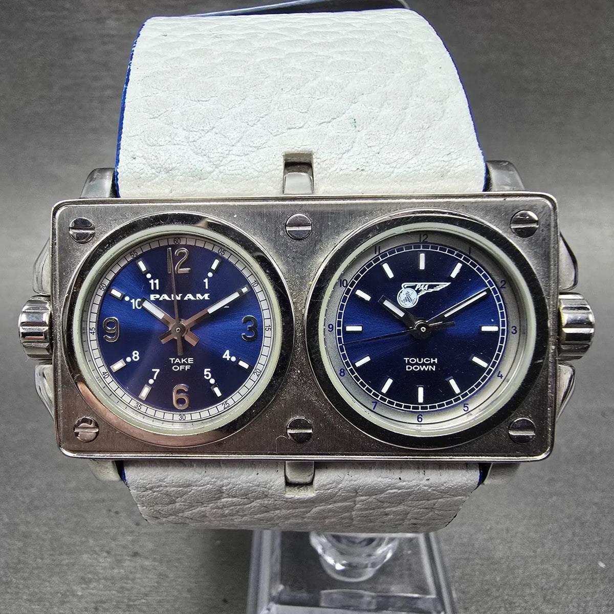 Panam Dual Time Watch Men 56mm Blue Dial Silver Tone Rectangle New Battery0