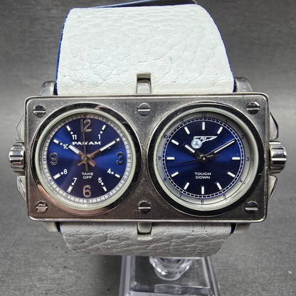 Panam Dual Time Watch Men 56mm Blue Dial Silver Tone Rectangle New Battery0