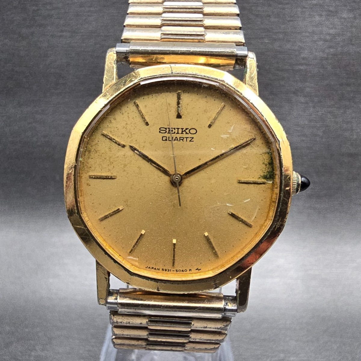 Seiko Watch Men 33mm Gold Dial Gold Tone Round 5931-5059 New Battery Vintage0