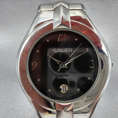 Gruen Watch Men 37mm Gray Dial Silver Tone Date Round PC32 New Battery