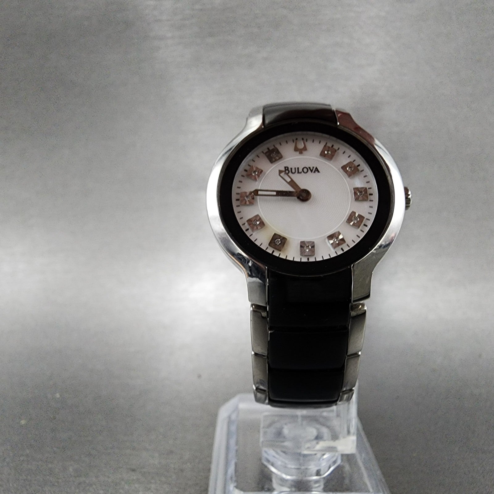 Bulova Diamond Watch Women 28mm MOP Dial Black Silver Tone Round 98P127 PARTS6