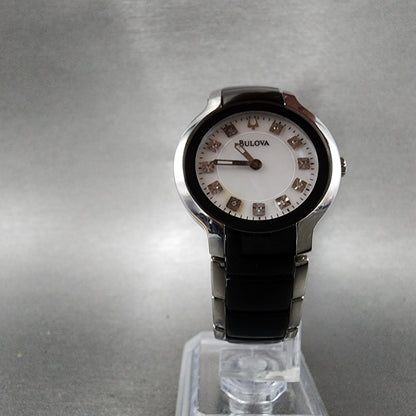 Bulova Diamond Watch Women 28mm MOP Dial Black Silver Tone Round 98P127 PARTS6