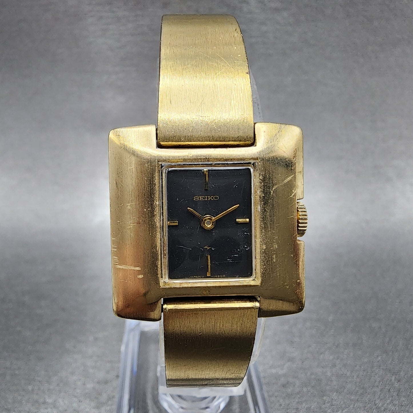 VTG Seiko Watch Women 24mm Black Dial Gold plated Rectangle Manual Wind Runs0