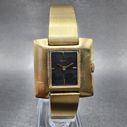 VTG Seiko Watch Women 24mm Black Dial Gold plated Rectangle Manual Wind Runs0