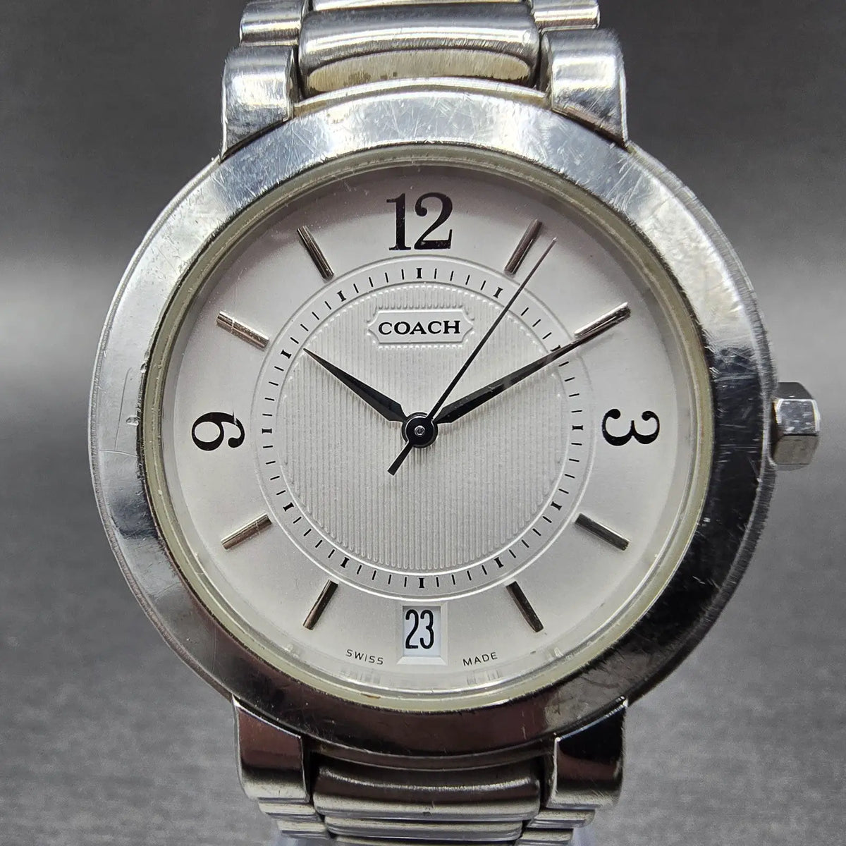 Coach Watch Men 34mm White Dial Silver Tone Date Round W516 New Battery0