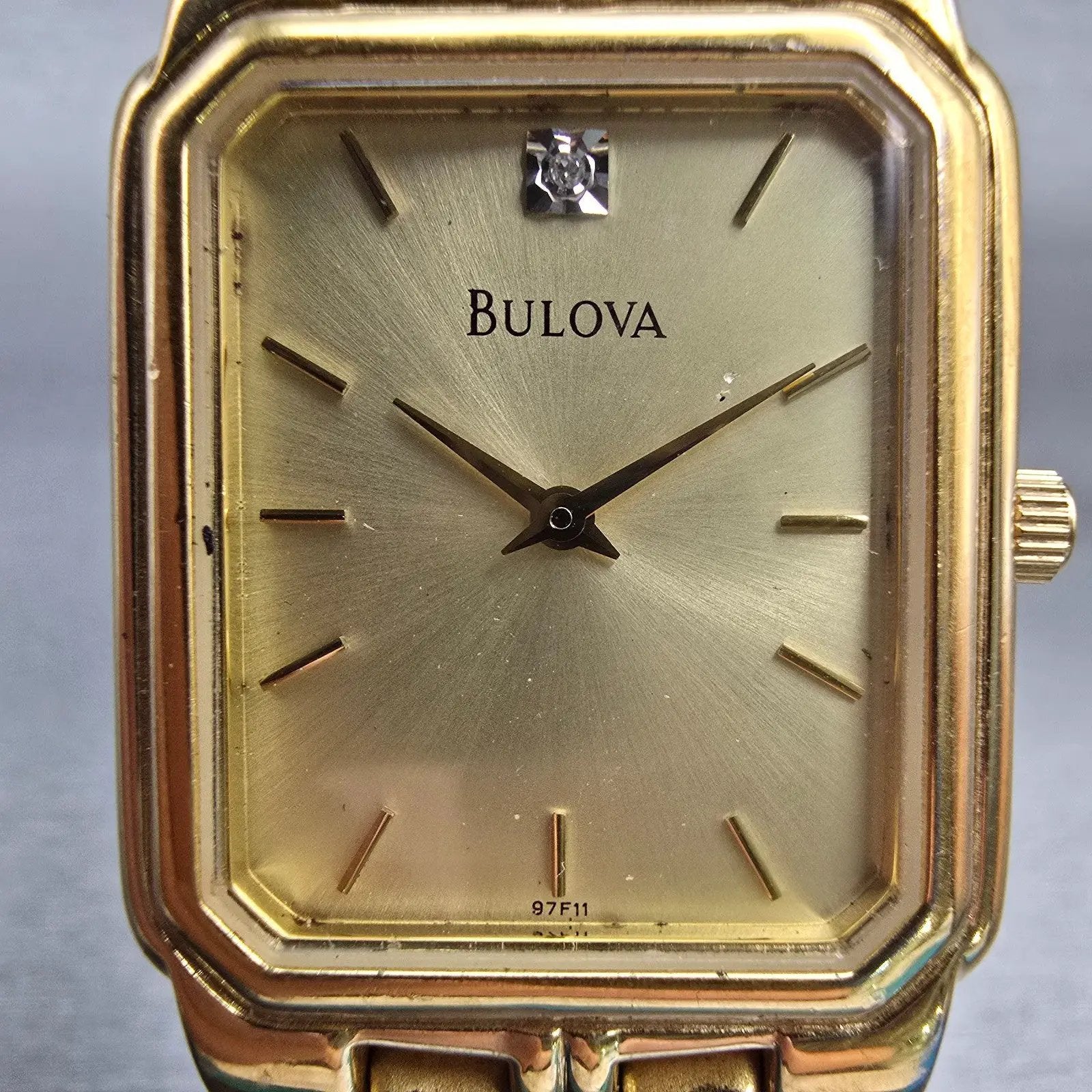 Bulova Watch Men 27mm Champagne Dial Gold Tone Rectangle New Battery Vintage1