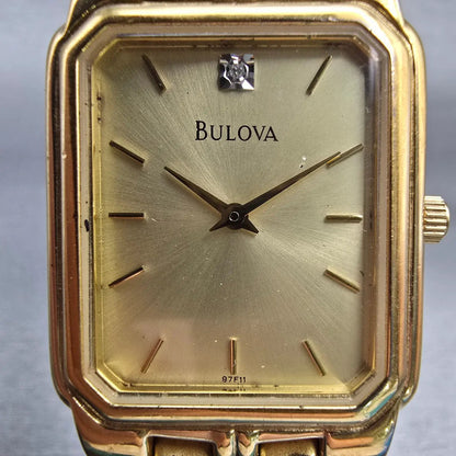 Bulova Watch Men 27mm Champagne Dial Gold Tone Rectangle New Battery Vintage1