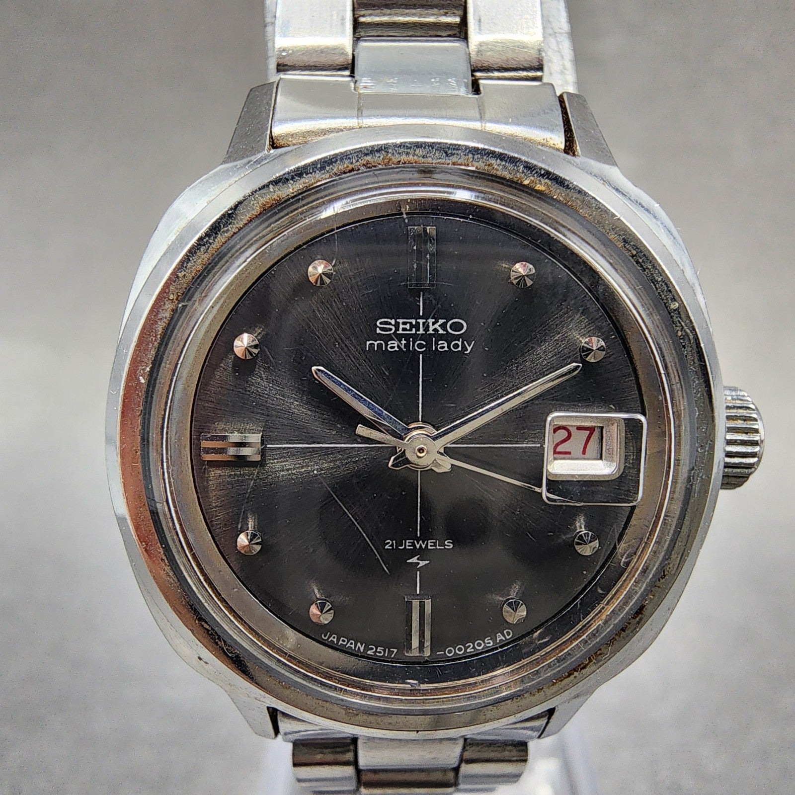 Seiko Seikomatic Lady Watch Women 24mm Black Dial Silver Tone Date 25173201 Runs1