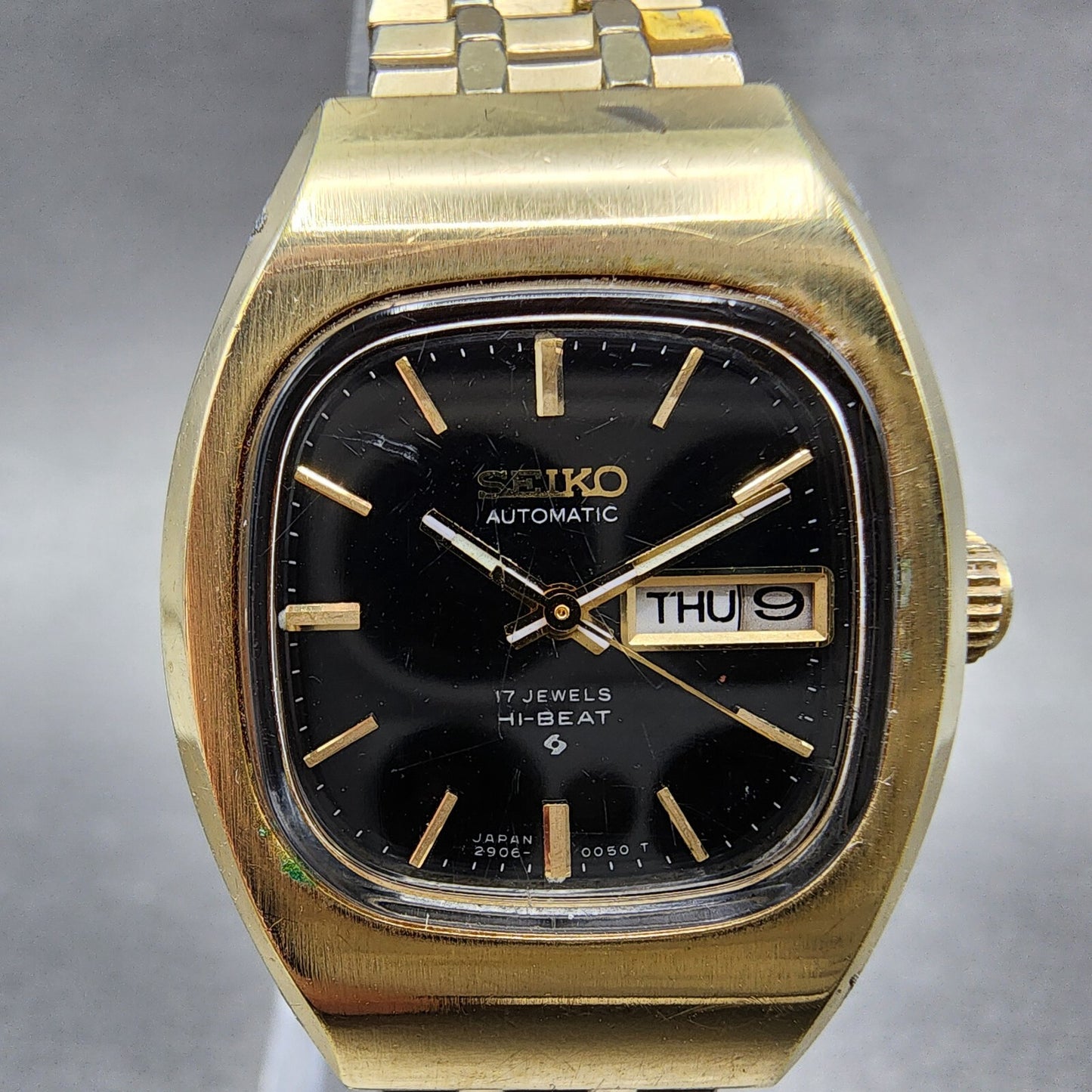 Seiko Automatic Watch Women 25mm Black Dial Gold Tone Daydate Rectangle Runs1
