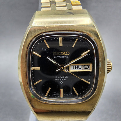 Seiko Automatic Watch Women 25mm Black Dial Gold Tone Daydate Rectangle Runs1