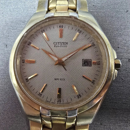 Citizen Eco-Drive Watch Men 38mm White Dial Gold Date READ!!!! E111E111-S0495211