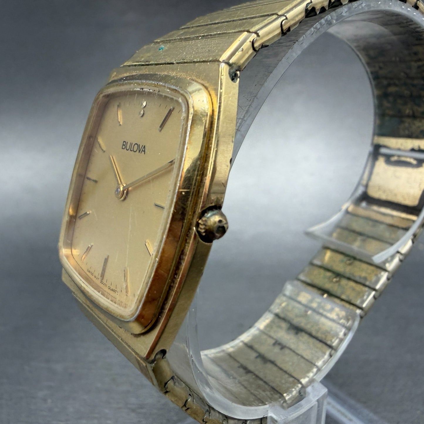 Bulova Tank Watch Men 27mm Gold Dial Gold Tone Rectangle 92V11 Vintage PARTS3