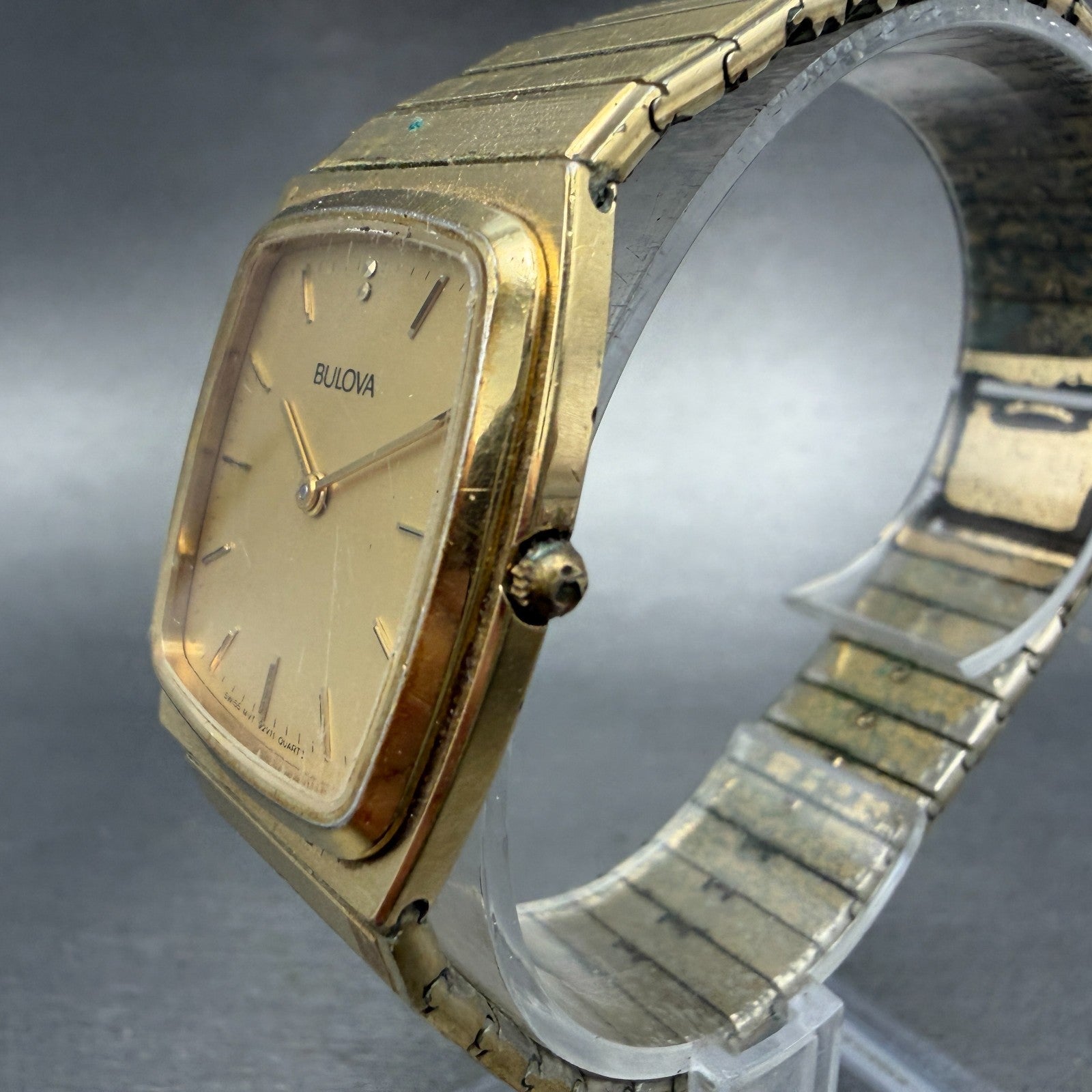 Bulova Tank Watch Men 27mm Gold Dial Gold Tone Rectangle 92V11 Vintage PARTS3