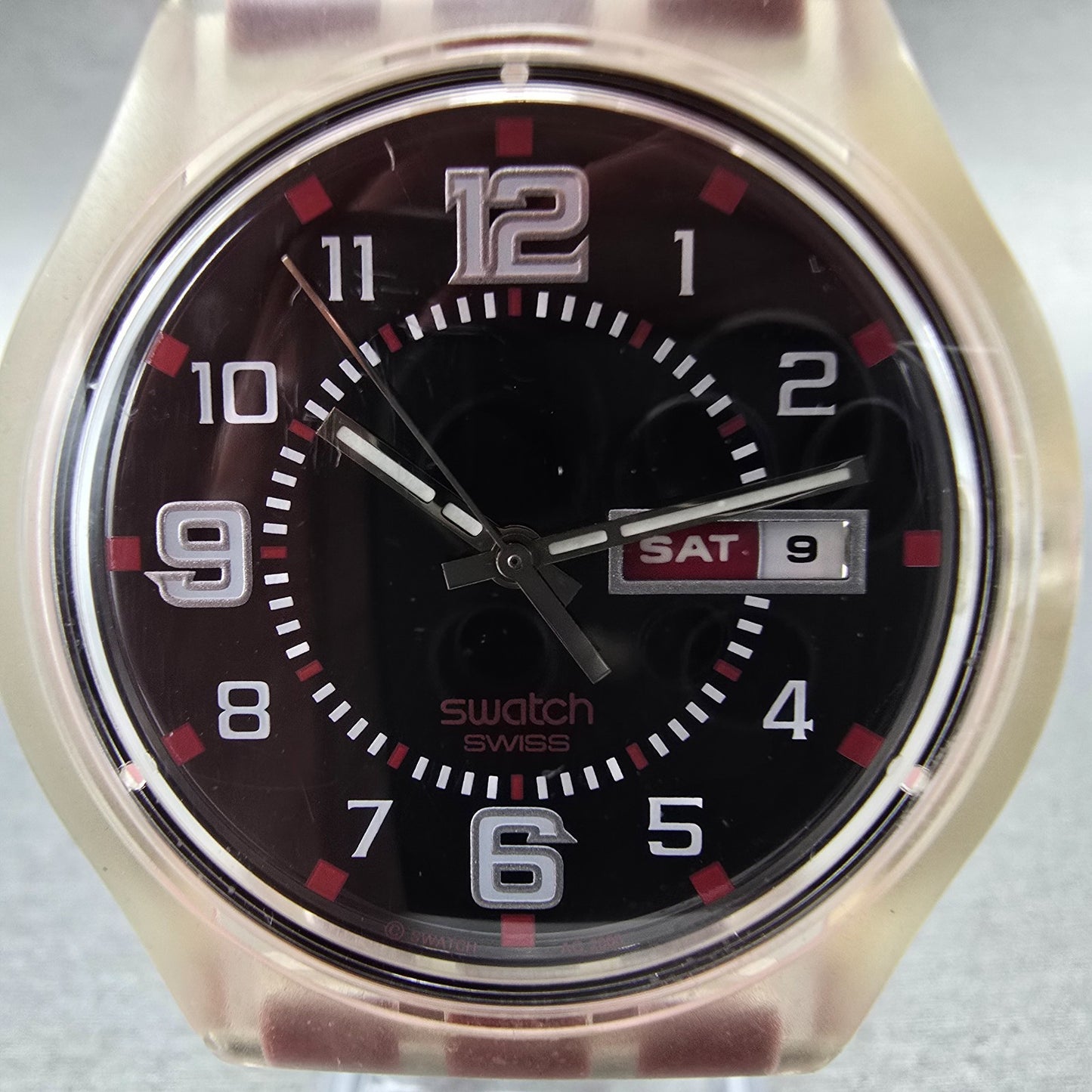 Swatch Ruby Touch Watch Men 38mm Black Dial Clear Case Daydate Round New Battery1