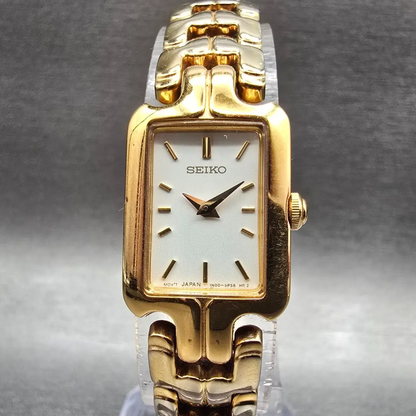Seiko Tank Watch Women 16mm White Dial Gold Tone Rectangle 1N00-6T10 New Battery0