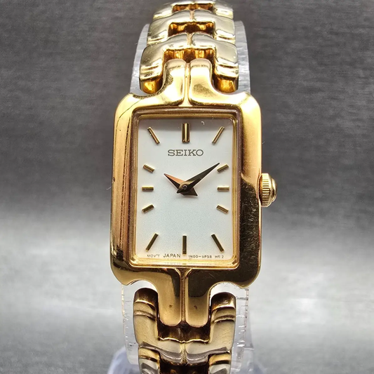Seiko Tank Watch Women 16mm White Dial Gold Tone Rectangle 1N00-6T10 New Battery0