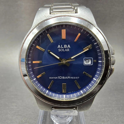 Seiko Alba Solar Watch Men 36mm Blue Dial Silver Tone Date Round V145-0BG0 Runs0
