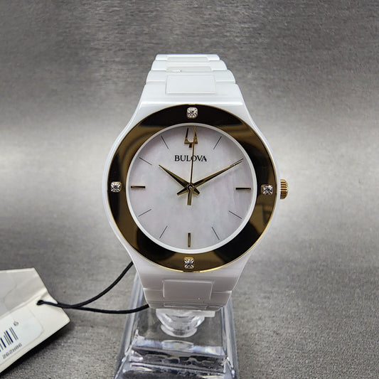 Bulova Millennia Watch Women 35mm MOP Dial White Ceramic Diamond Bezel Round0