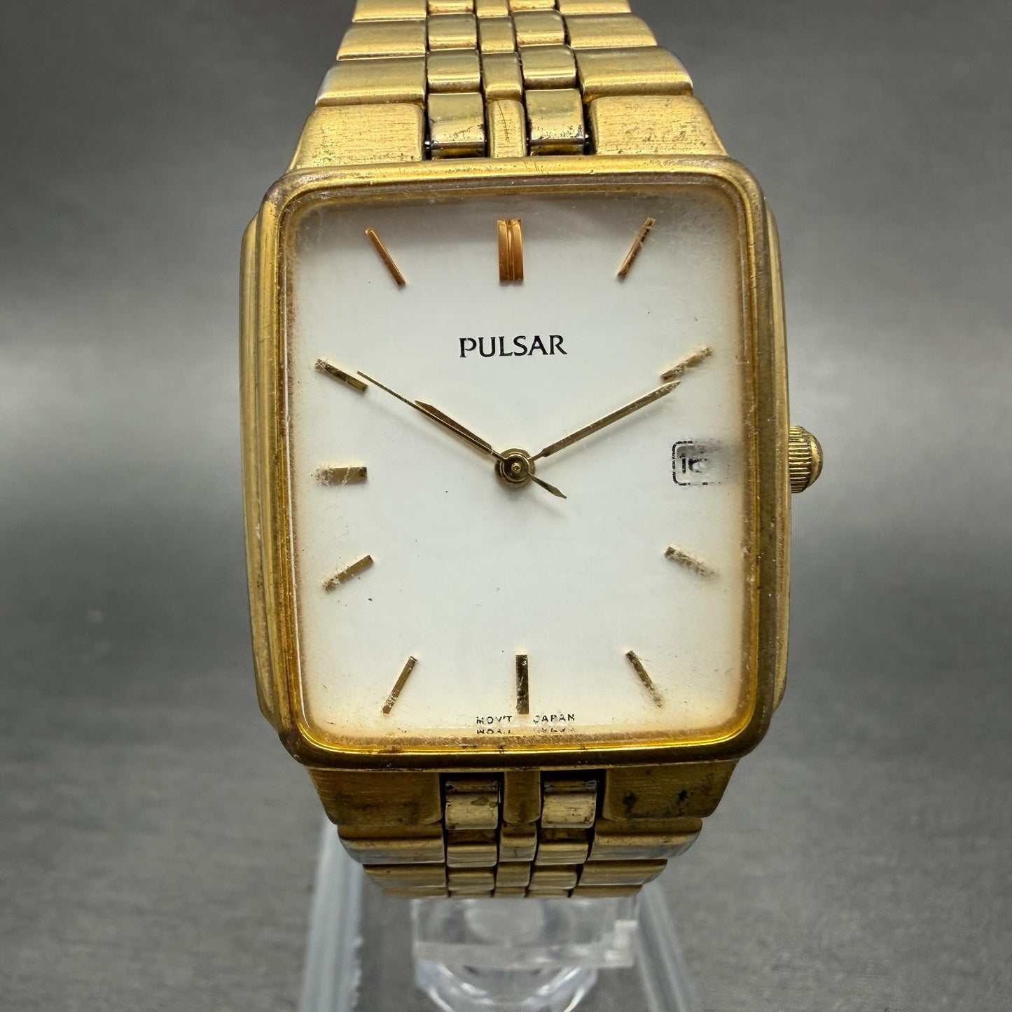 Pulsar Tank Watch Men 27mm White Dial Gold Tone Date Rectangle VX32-X154 NewBatt0
