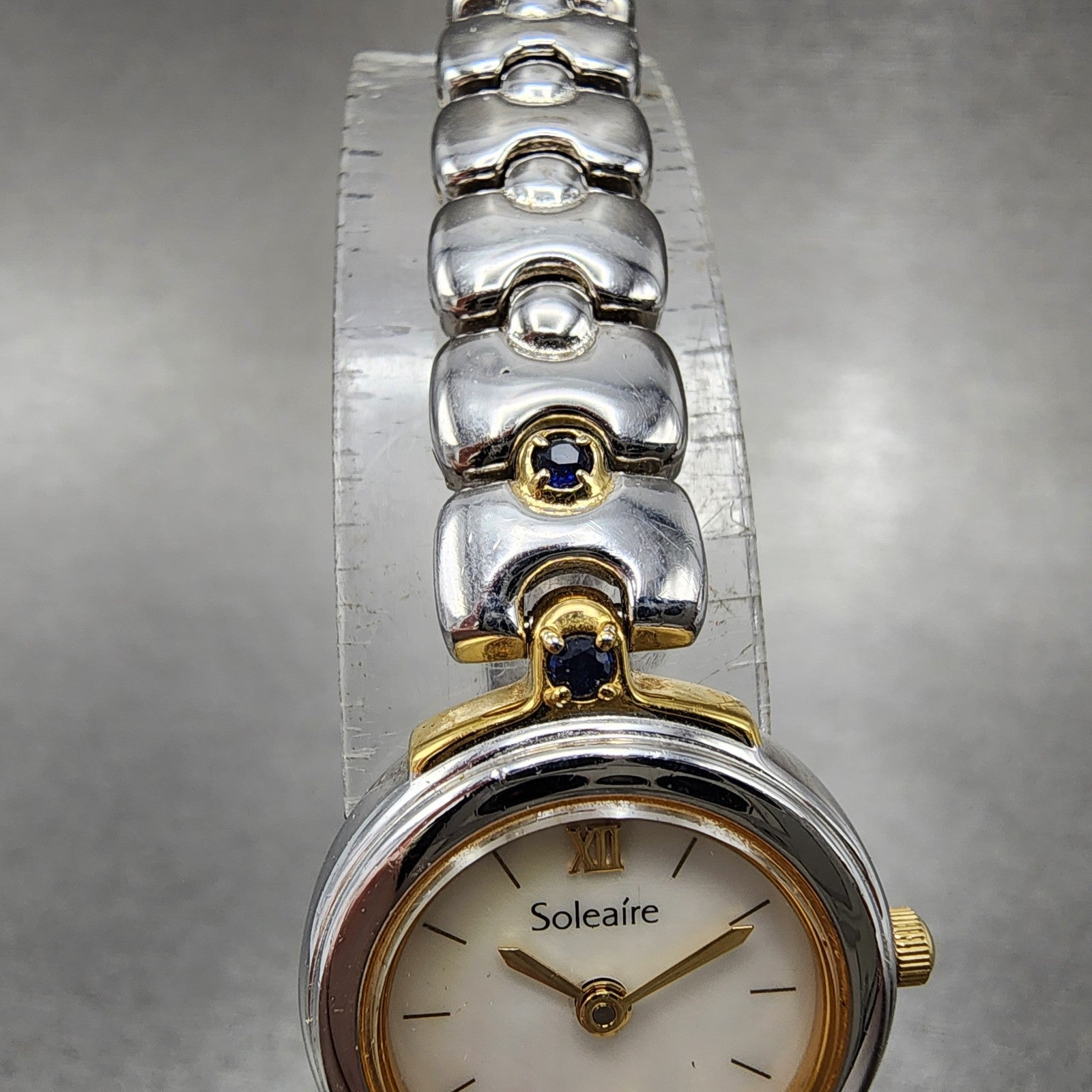 Ricoh Soleaire Watch Women 20mm MOP Dial Two Tone Blue Gemstones Round New Batt4