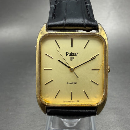Seiko Pulsar Tank Watch Men 27mm Champagne Dial Gold Tone V321-5150 New Battery0