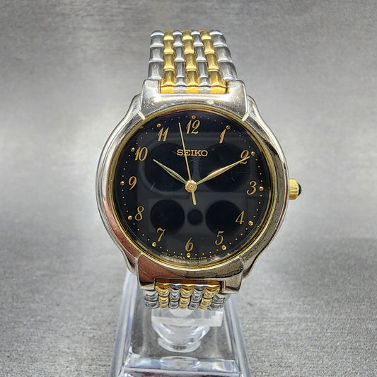Seiko Watch Men 32mm Black Dial Two Tone Round V701-2B70 New Battery