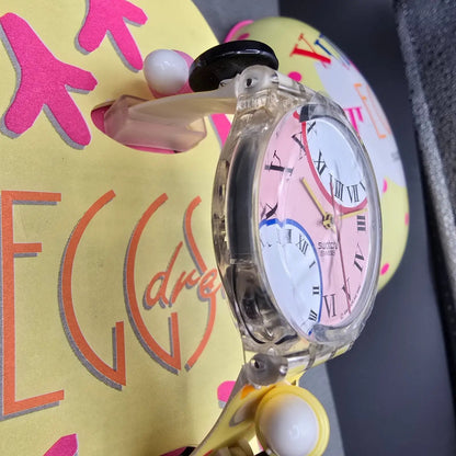 Swatch Special Eggsdream Watch Men 34mm Pink Dial Clear Case GZ128 New Batt NOS4