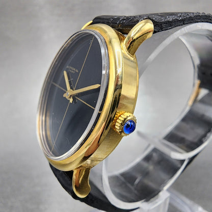 VTG Spazial Watch Women 26mm Black Dial Gold Tone Oval Manual Wind Runs