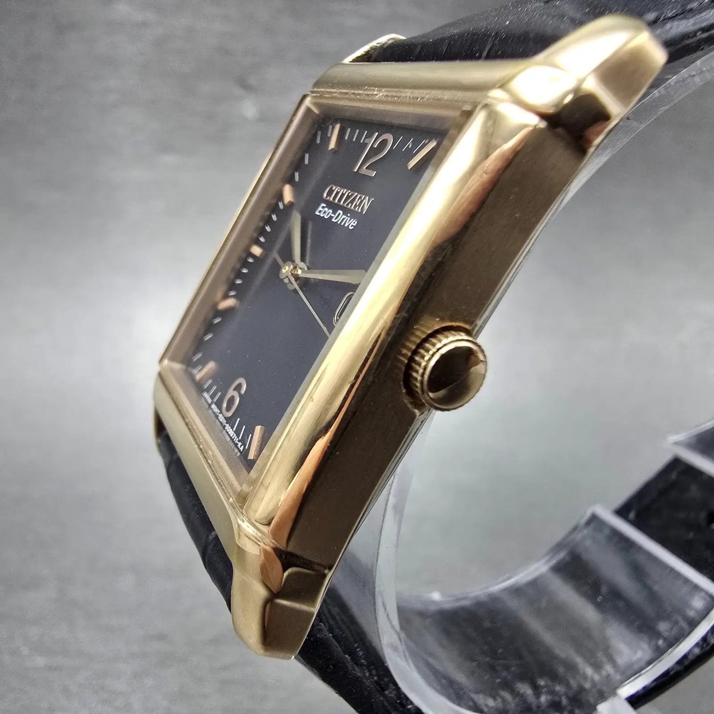 Citizen Eco-Drive Tank Watch Men 25mm Black Dial Rose Gold Tone Date Runs2