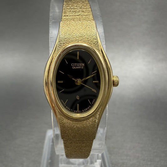 Citizen CQ Watch Women 17mm Black Dial Gold Tone Oval 5930-S25350 New BatteryBHG0