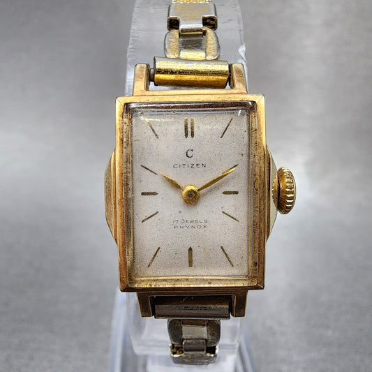 Citizen Phynox Tank Watch Women 15mm Silver Dial 14K Gold Filled Manual Wind Run0