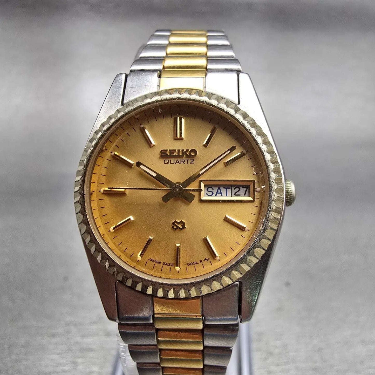 Seiko SQ Watch Women 24mm Gold Dial Two Tone Daydate 2A23-0030 New Battery VTG0