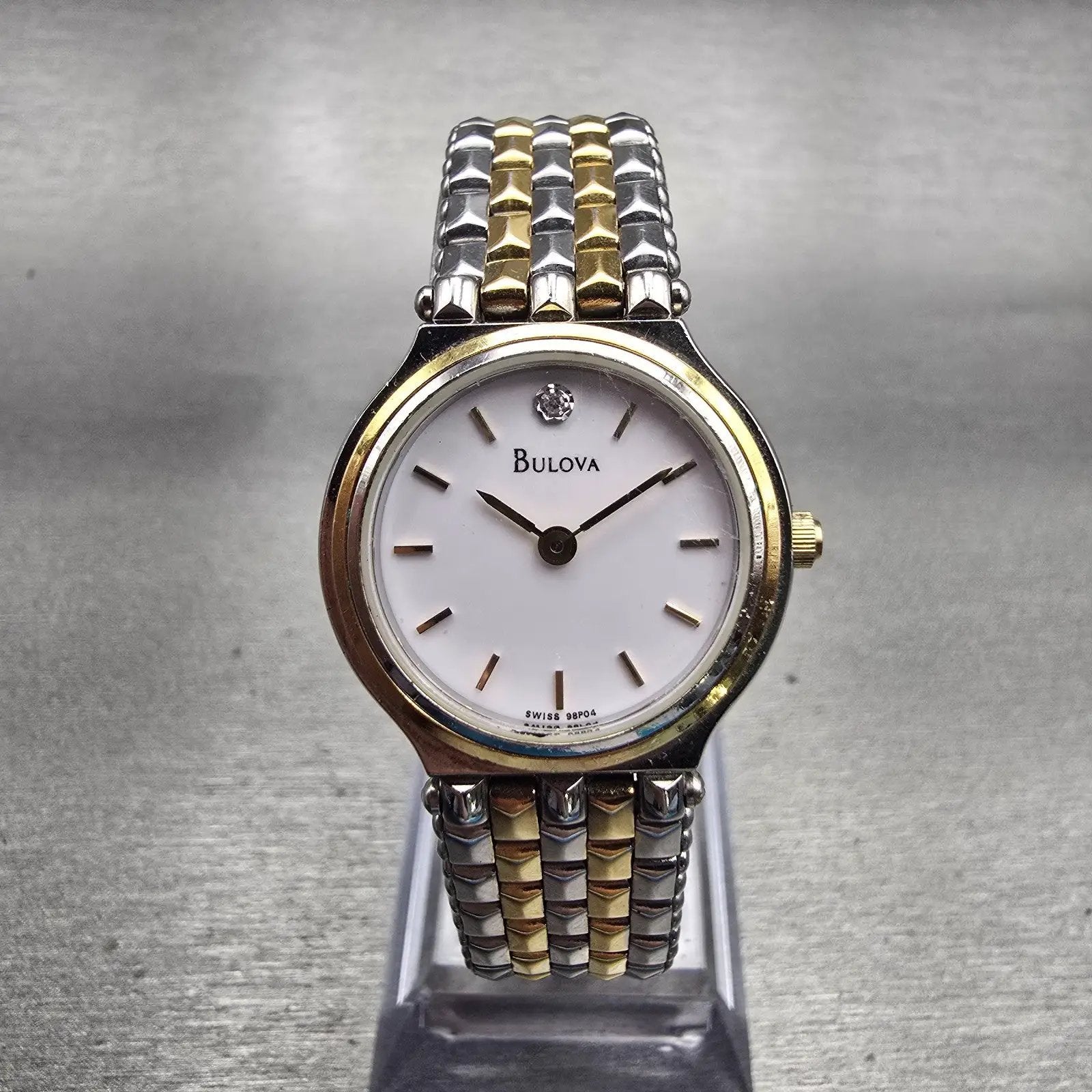 Bulova Watch Women 24mm White Dial Two Tone Diamond Accent Round 98P04 New Batt0